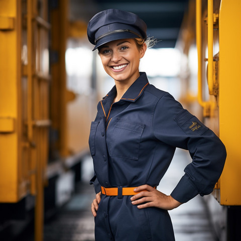 Cheerful female train conductor posing on blurred background