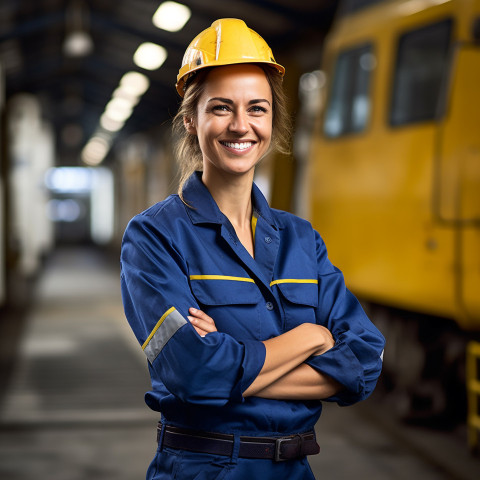 Cheerful female train conductor posing on blurred background