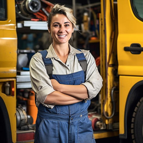 Cheerful female truck mechanic repairs vehicle on blurred background