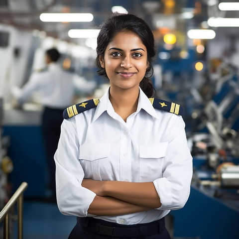 Cheerful Indian woman ship captain working on blurred background