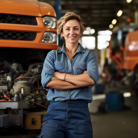 Cheerful female truck mechanic repairs vehicle on blurred background