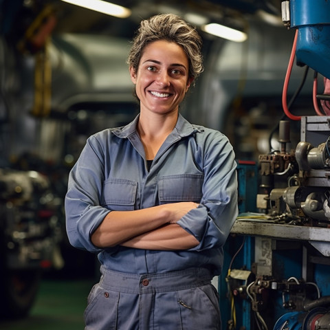 Cheerful female truck mechanic repairs vehicle on blurred background