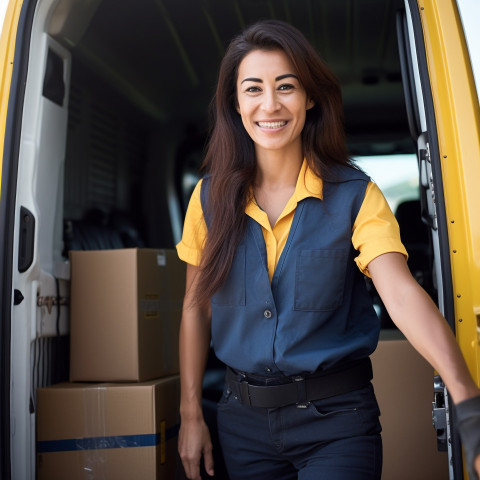 Cheerful female courier delivering packages against on blurred background