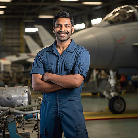 Happy Indian aircraft mechanic fixing plane in workshop on blurred background