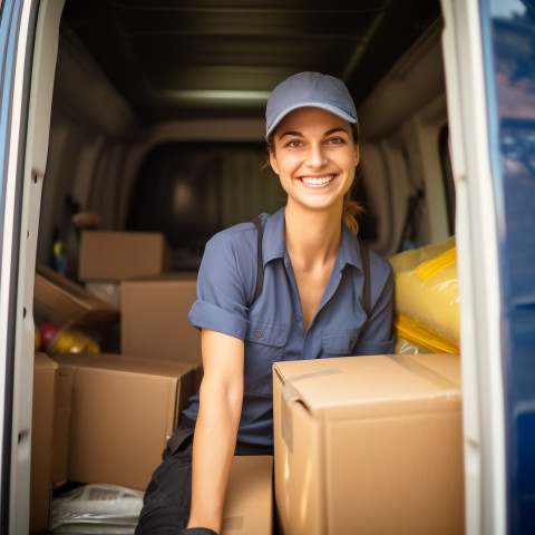 Cheerful female courier delivering packages against on blurred background