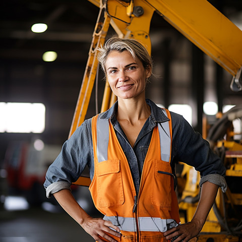 Cheerful female crane operator working against a blurred background