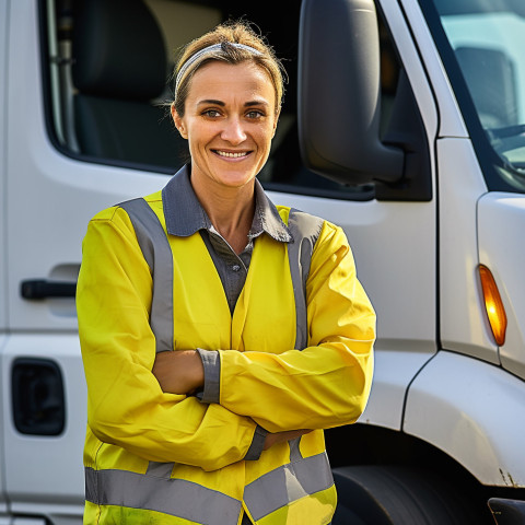 Happy female truck driver posing in front of her truck on blurred background