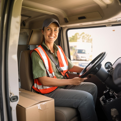 Cheerful female courier delivering packages against on blurred background