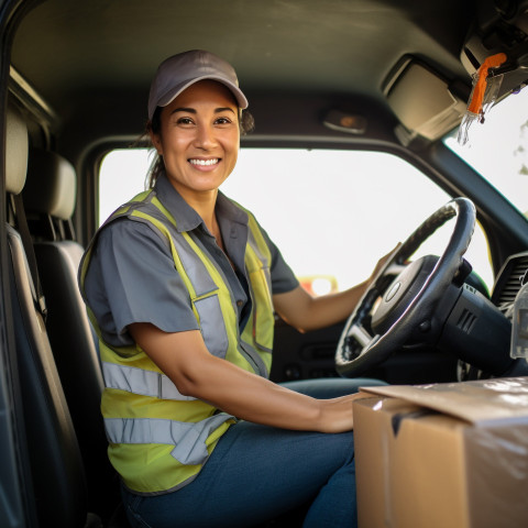 Cheerful female courier delivering packages against on blurred background