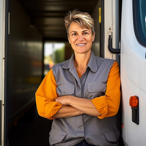 Happy female truck driver posing in front of her truck on blurred background