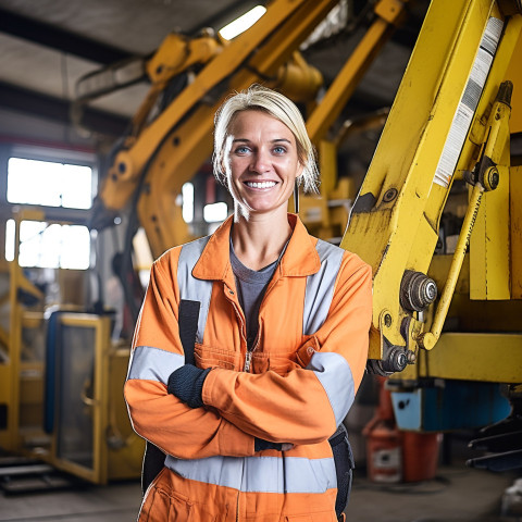 Cheerful female crane operator working against a blurred background