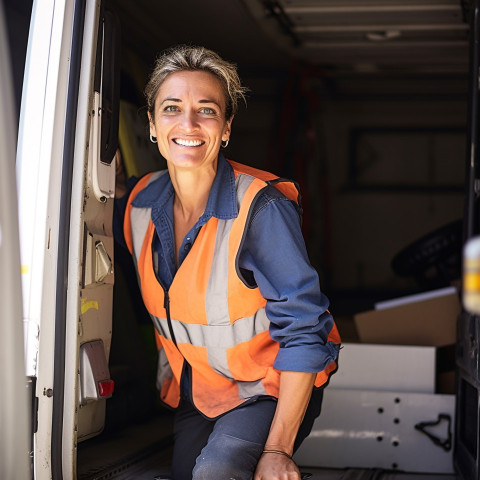 Happy female truck driver posing in front of her truck on blurred background