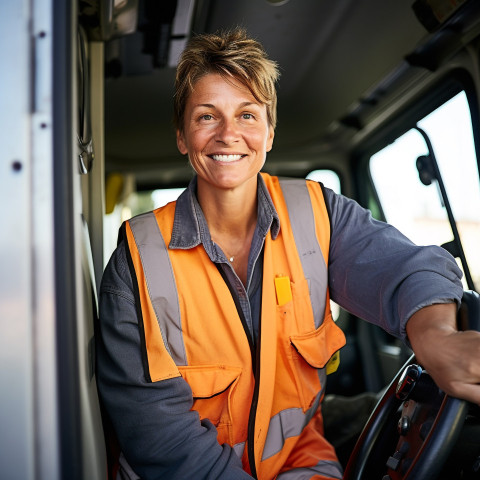 Happy female truck driver posing in front of her truck on blurred background