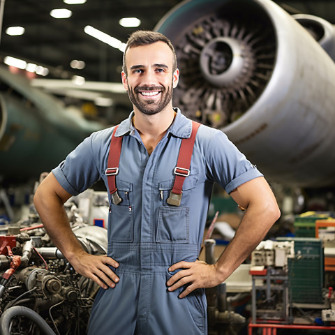 Cheerful aircraft mechanic working against a blurred background