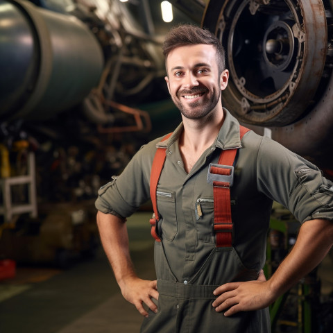 Cheerful aircraft mechanic working against a blurred background