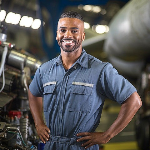 Cheerful aircraft mechanic working against a blurred background