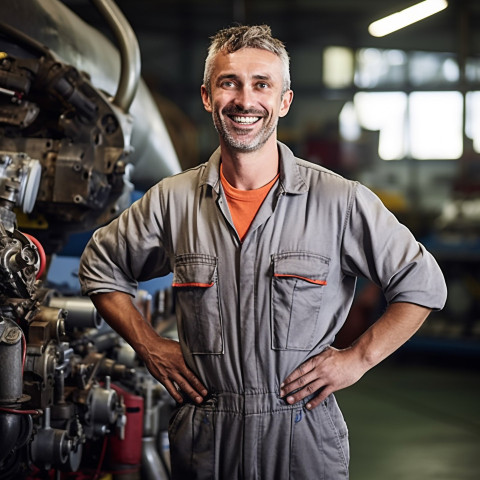 Cheerful aircraft mechanic working against a blurred background