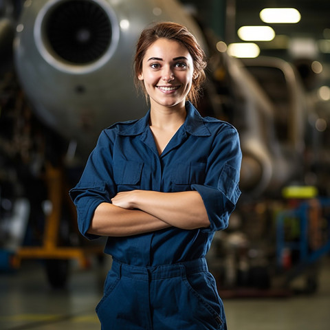 Happy female airplane mechanic working against on blurred background