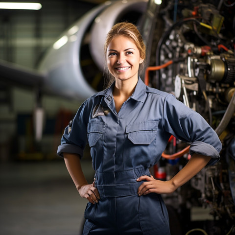 Happy female airplane mechanic working against on blurred background