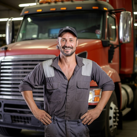 Cheerful truck mechanic fixing vehicle against a blurred background