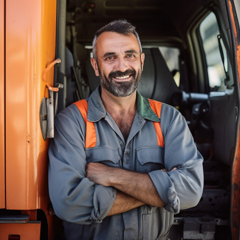 Cheerful truck mechanic fixing vehicle against a blurred background