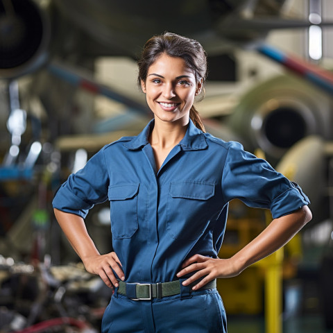 Happy female airplane mechanic working against on blurred background