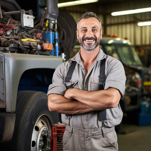 Cheerful truck mechanic fixing vehicle against a blurred background