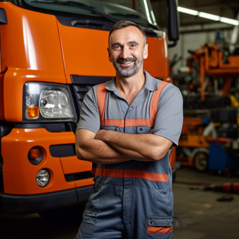 Cheerful truck mechanic fixing vehicle against a blurred background