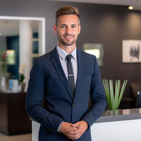 Professional man at work with receptionist in background