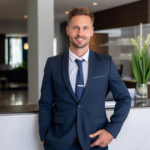 Professional man at work with receptionist in background