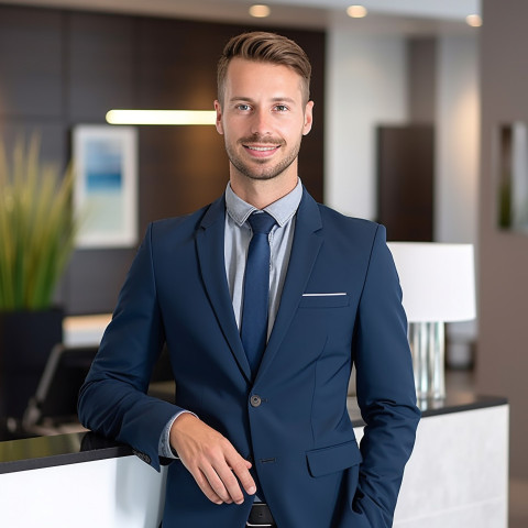 Professional man at work with receptionist in background