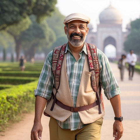 Indian male tour guide leading tour with blurred background