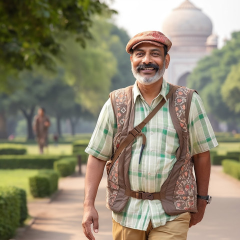 Indian male tour guide leading tour with blurred background