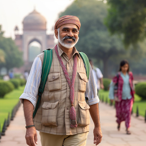 Indian male tour guide leading tour with blurred background