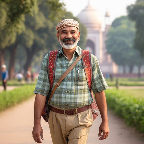 Indian male tour guide leading tour with blurred background