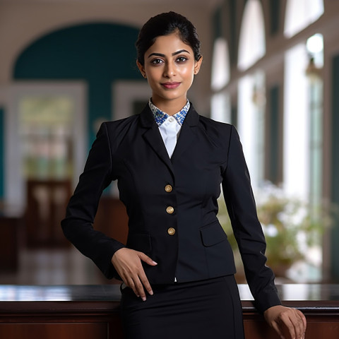 Confident Indian female concierge working on blurred background