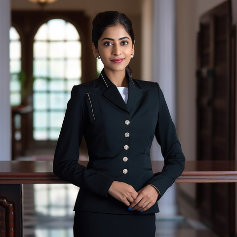 Confident Indian female concierge working on blurred background