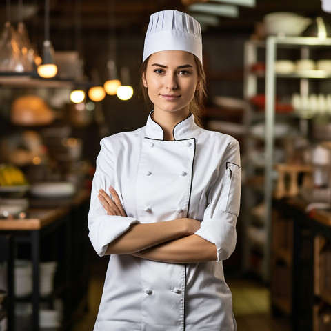 Female chef working confidently on blurred background