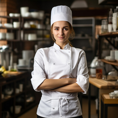 Female chef working confidently on blurred background Female chef working confidently on blurred background