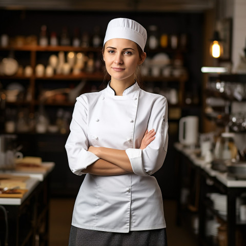 Female chef working confidently on blurred background Female chef working confidently on blurred background