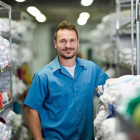 Confident laundry worker on blurred background