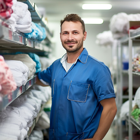 Confident laundry worker on blurred background