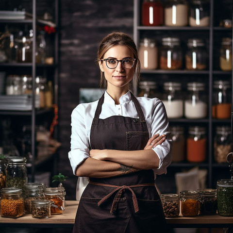 Confident female chef at work blurred background