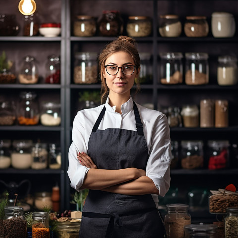 Confident female chef at work blurred background