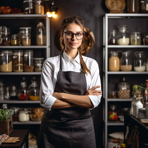 Confident female chef at work blurred background