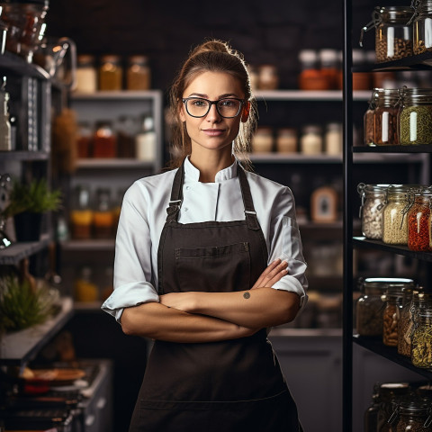 Confident female chef at work blurred background