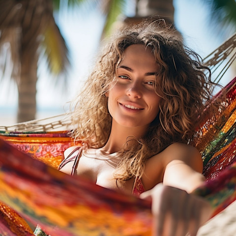 Woman relaxing in hammock on tropical beach