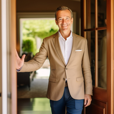 Luxury hotel concierge greets guests with a warm smile