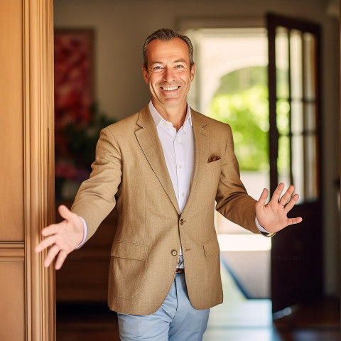 Luxury hotel concierge greets guests with a warm smile