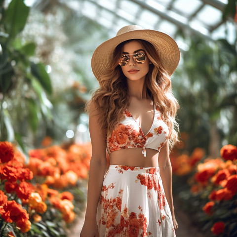 Lady in stylish outfit takes in lush botanical garden